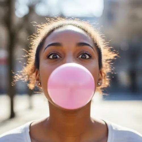 Young Black Woman Blowing Bubble with Chewing Gum