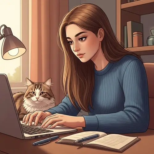 Teenage Girl Creating Content with Feline Companion | Website Name
