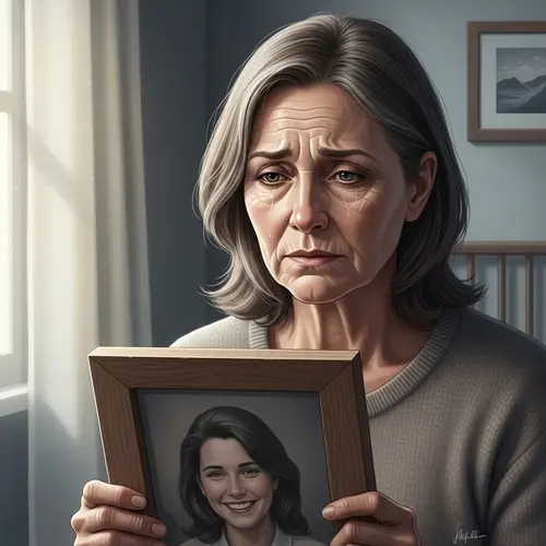 Emotional Portrait of a Middle-Aged Woman Holding a Picture