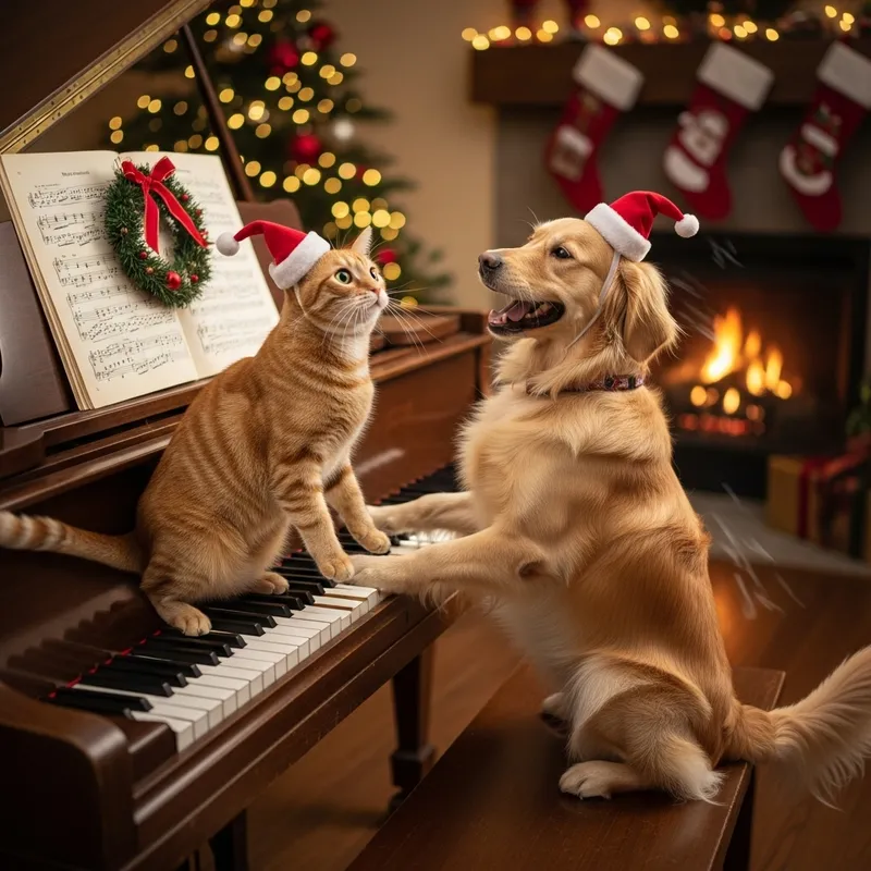 Happy Cat and Dog in Christmas Hats Playing Piano
