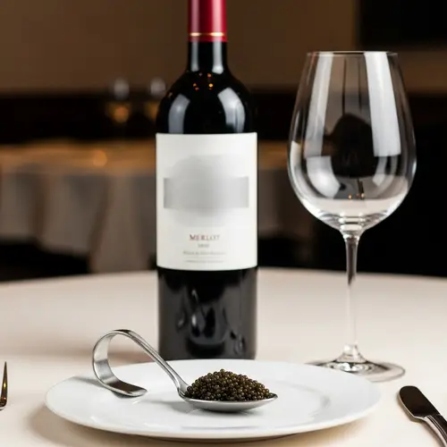 spoon of black caviar on white elegant plate with wine bottle and wine glass, restaurant setting