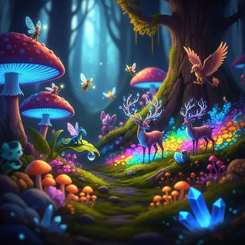 Mystical Forest with Magical Creatures | Vibrant Colors & Glowing Light