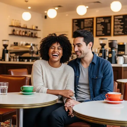 Cozy Coffee Shop Date: Black Woman and Hispanic Man Sharing Laughter