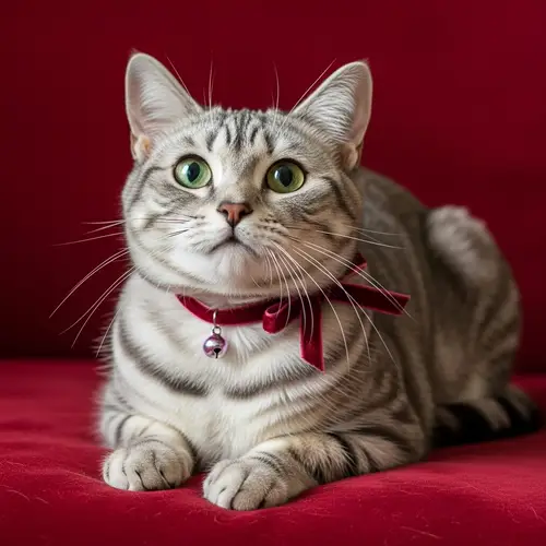 Luxurious Grey and White Striped Domestic Feline on Red Cushion