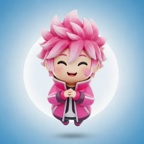 Japanese Anime Style Floating Character with Spiky Hair in Pink