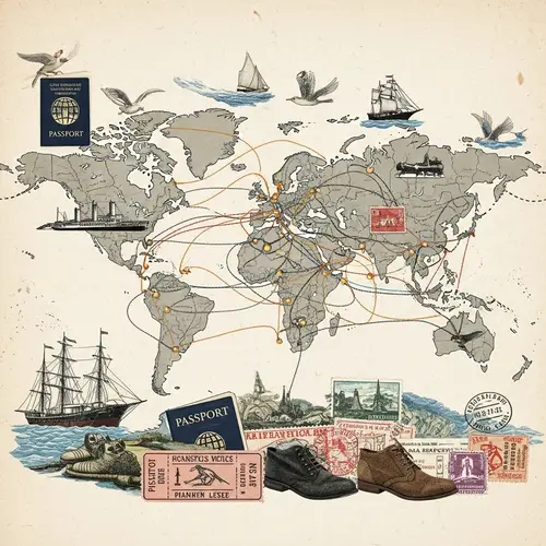 Intricate Migration and Travel Collage with World Map and Symbolic Elements