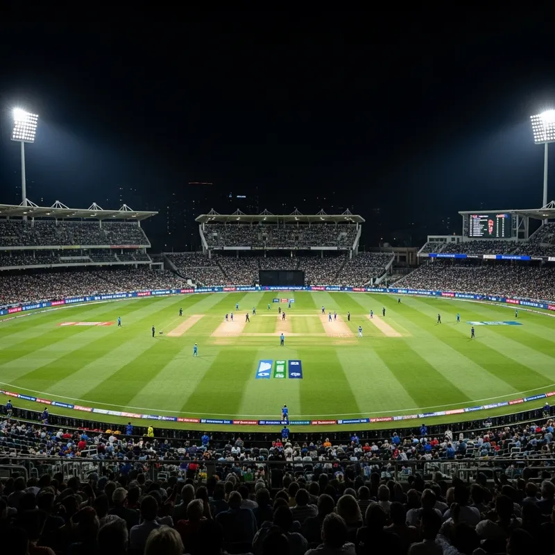 Night View of Cricket Stadium: Spectators and Players under the Stars