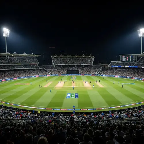 Night View of Cricket Stadium: Spectators, Players, Excitement