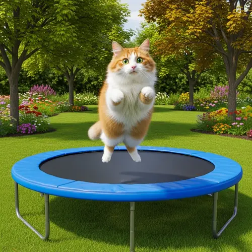 Fluffy Orange and White Cat Jumping on Blue Trampoline