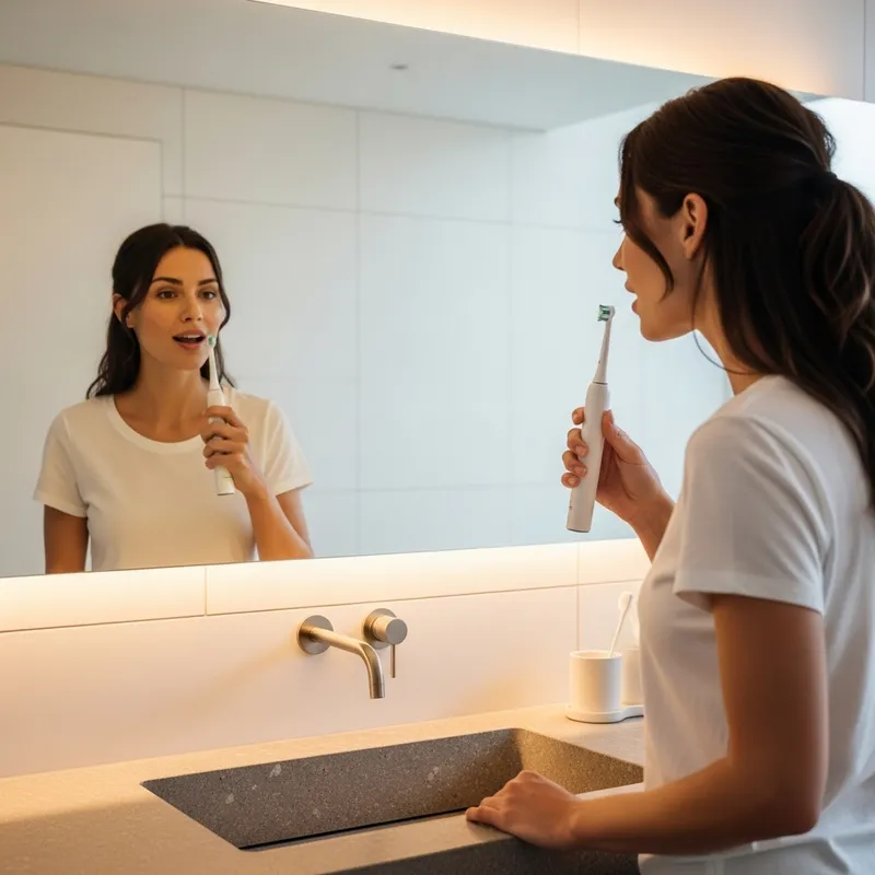 Caucasian Woman Using Philips Electric Toothbrush in Bathroom - No Brush Head