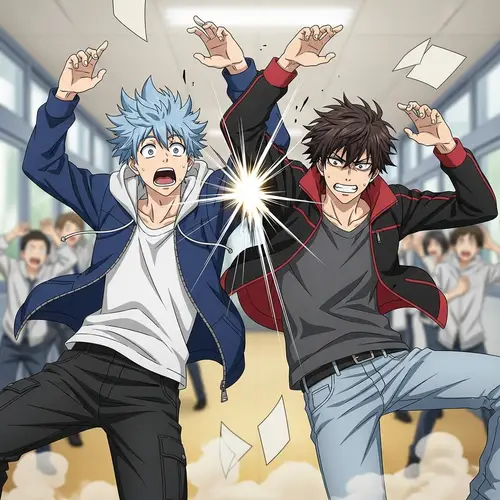 Anime Male Characters Collide and Fall: Impactful Scene