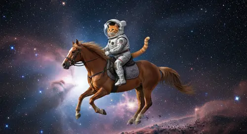 Orange Cat Riding a Horse in Space Adventure