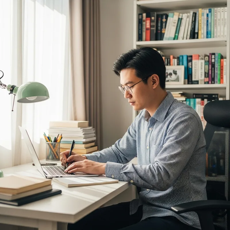 Asian Male Author, 30, Crafting at Bright Study | Literary Ambiance Shot Asian Male Author, 30, Crafting at Bright Study | Literary Ambiance Shot