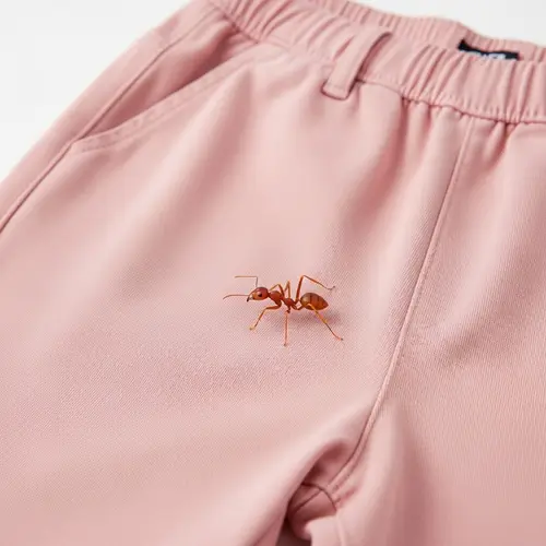 Vivid Red Ant Crawling on Soft Pink Pants