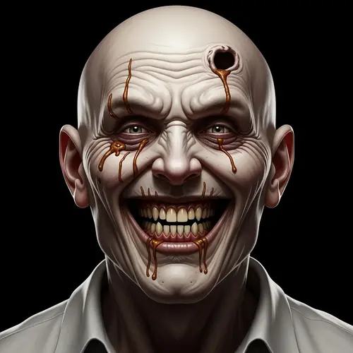 Terrifying Rotting Man with Distorted Face Smiling - Macabre Portrayal