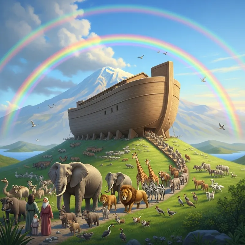 Happy Saturday: Noah's Arrival at Mount Ararat with Ark - Blissful Biodiversity Scene