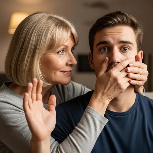Empowering Image: Older Woman Silencing Young Man