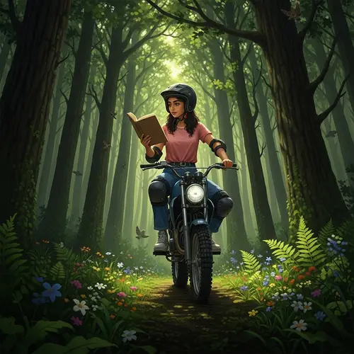 Middle-Eastern Girl on Motorcycle in Enchanted Forest