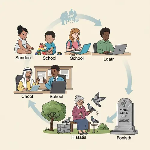 Human Life Cycle Illustration: Infancy to Elderly with Memorial