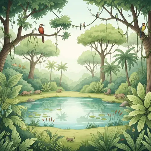 Tranquil Jungle Oasis Watercolor Scene