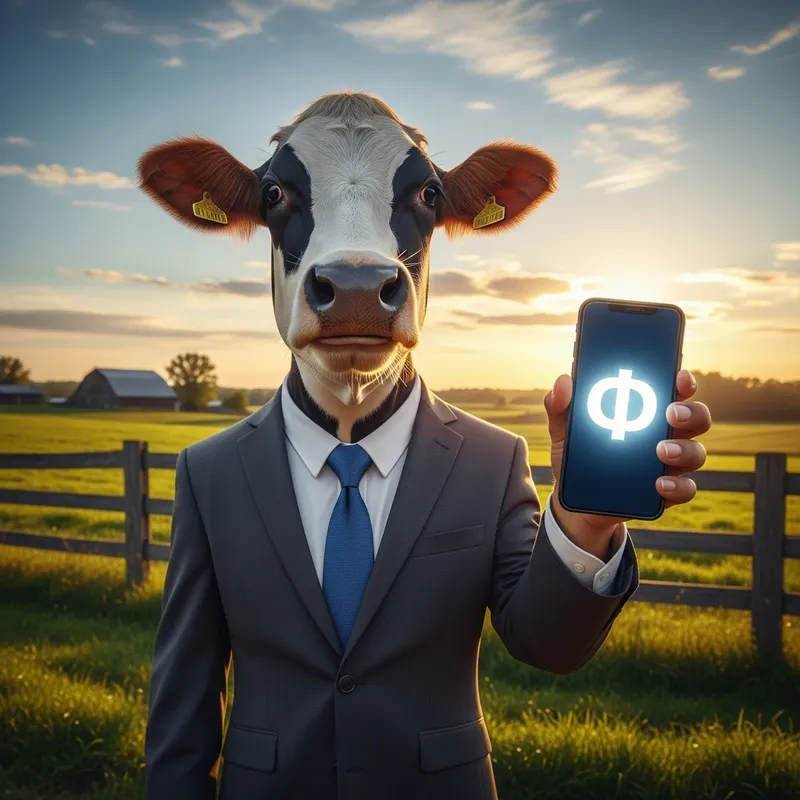 Joyful Cow Wearing Stylish Suit Holding Smartphone with Æ