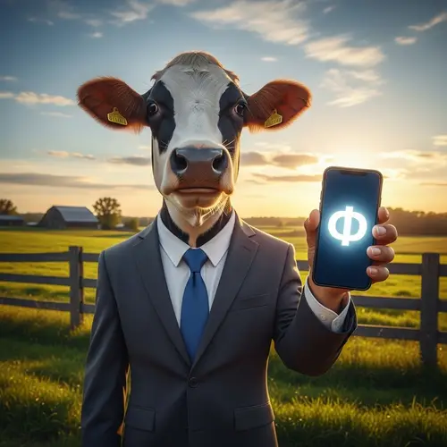 Happy Cow in Stylish Suit with Smartphone Æ