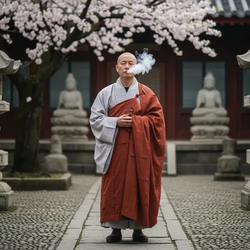 Modern Monk in Meditative Posture with E-Cigarette | Serene Courtyard