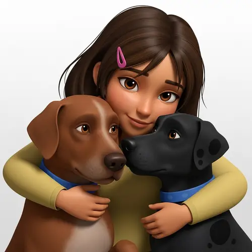 Modern Animated Style Image of a Girl Embracing Dogs