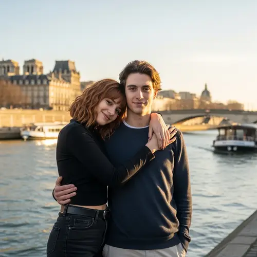 Colombian Girl & French Boy Embracing at Seine River | Paris