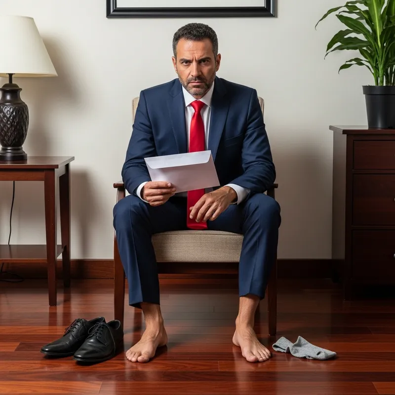 Middle Eastern Businessman in Navy Suit Holding Envelope - Unique Barefoot Image Middle Eastern Businessman in Navy Suit Holding Envelope - Unique Barefoot Image