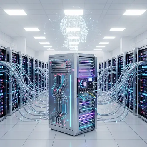 Artificial Intelligence Mainframe: Sleek Silver & Neon Circuitry