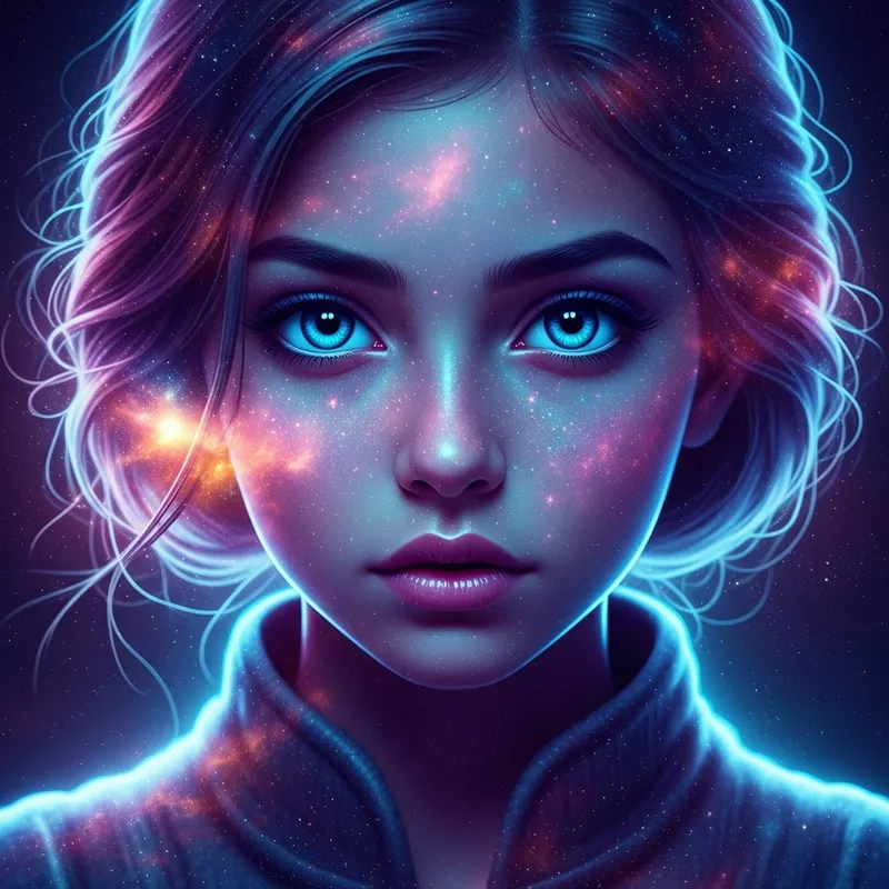 Neon Blue Cosmic Fantasy - Stunning Girl Portrait with Big Eyes