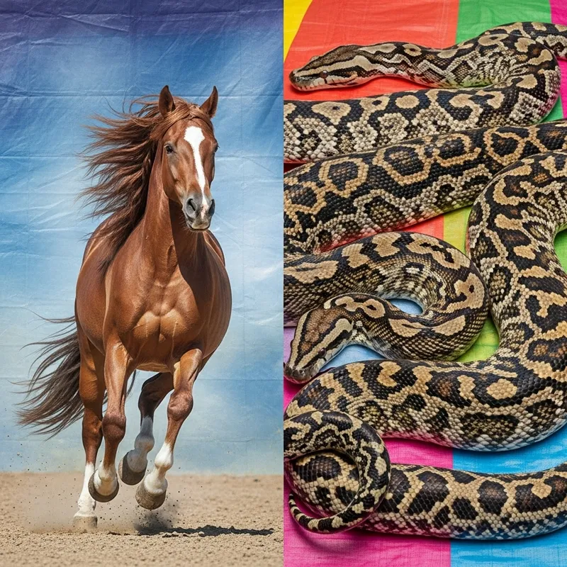 Raucous Horse with Pythons - Vibrant Tarpaulin Scene Raucous Horse with Pythons - Vibrant Tarpaulin Scene
