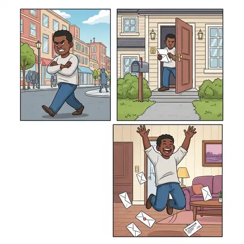 Comic: Man's Emotional Journey - Walking, Opening Mail, Jumping for Joy