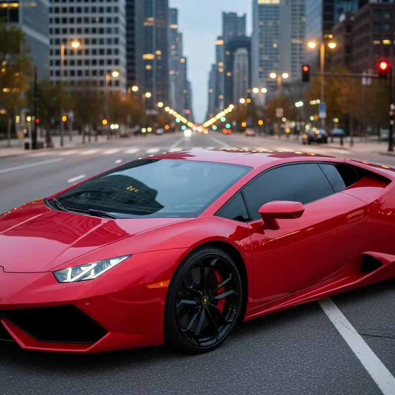 Sleek Red Lamborghini Sports Car | Urban Skyscraper Scene