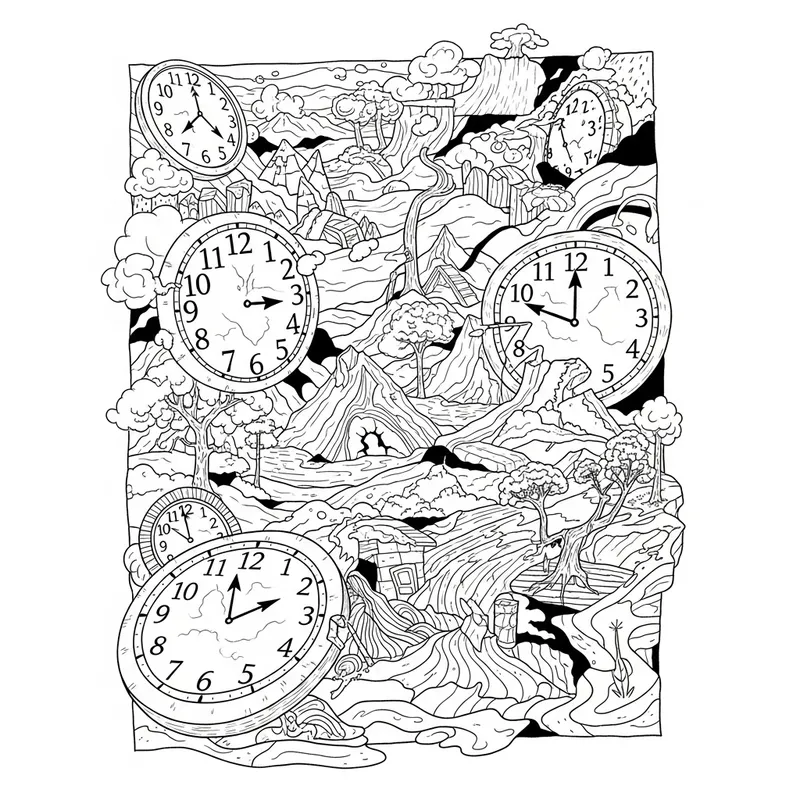 Warped Time & Place: Surreal Nature Scene with Fragmented Clocks