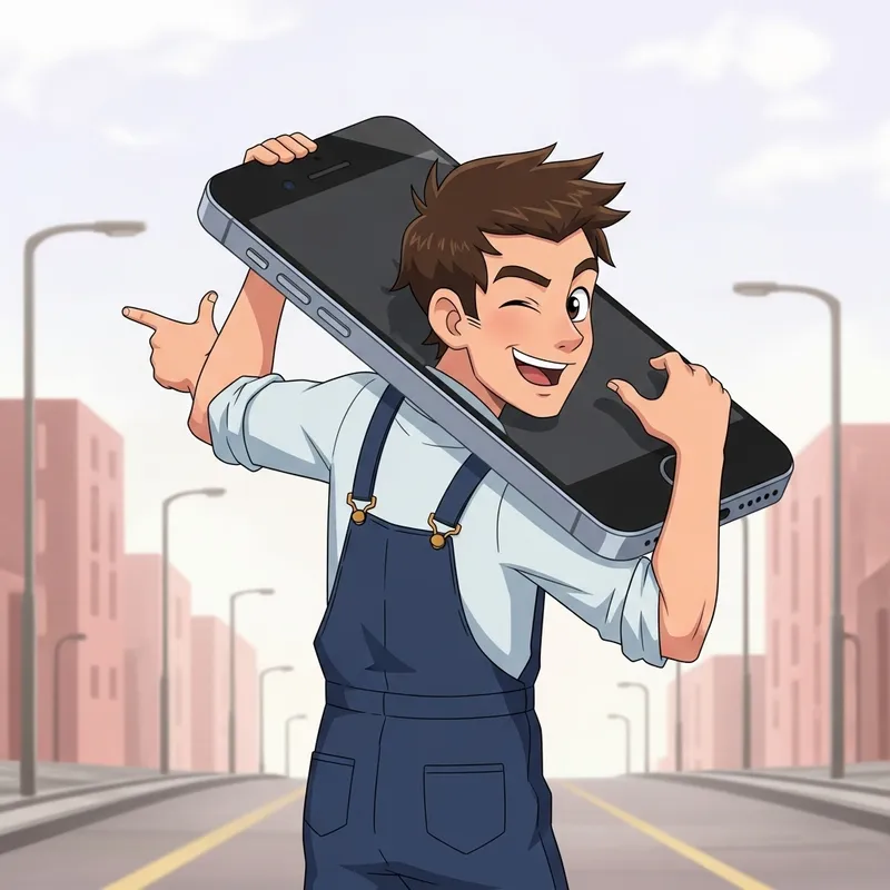 Playful Young Man in Overall Suit with Oversized iPhone