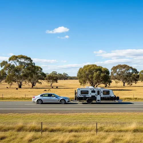 Silver Sedan Towing Modern Caravan on Australian Road