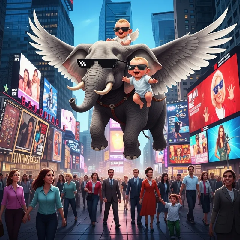 Whimsical Flying Elephant Carrying Baby in Times Square