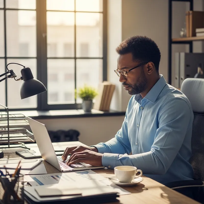 Experienced Afro-American Manager Working in Modern Office Experienced Afro-American Manager Working in Modern Office