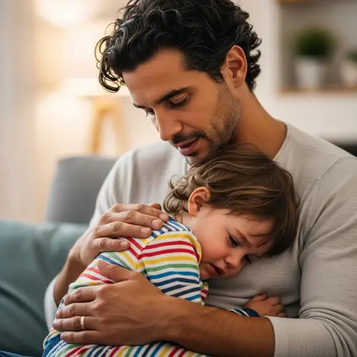 Curly Haired Man Soothing Child | Heartwarming Image