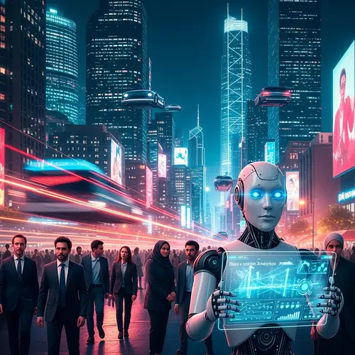 Future Cityscape with Advanced Humanoid Robot and Data Tablet