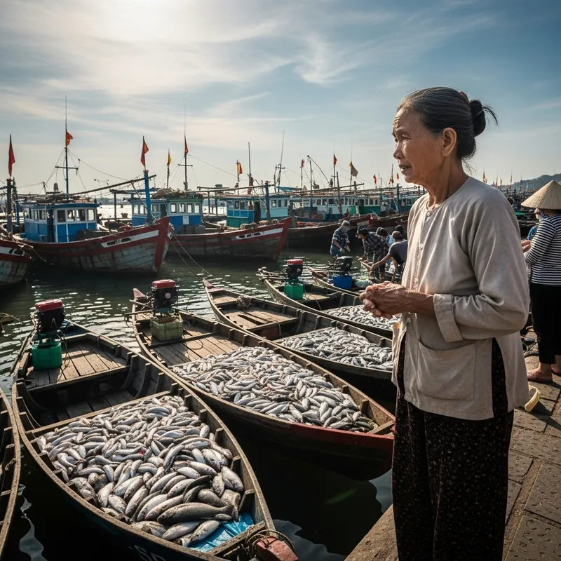 Vietnamese Woman Considering Buying Fish at Busy Fishing Harbor
