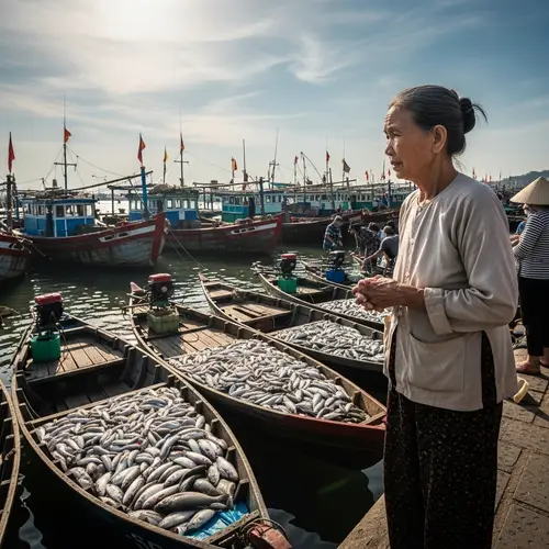 Vietnamese Elderly Woman Contemplating at Bustling Harbor
