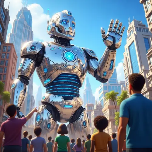 Futuristic Friendly Robot in Colorful Cityscape | Exciting Tech Vision