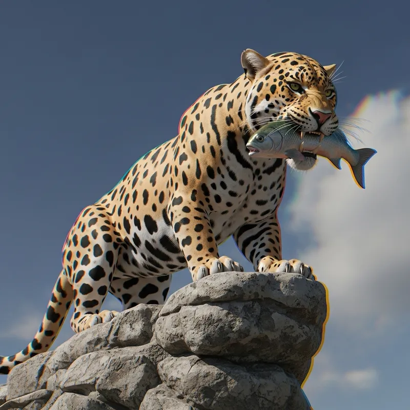 3D Holographic Cat with Fresh Fish - Arrogant Look on Rock