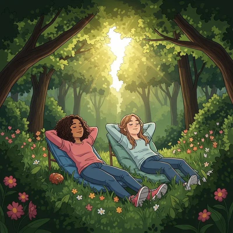 Spring Forest Relaxation: Girls Sunbathing in Tranquil Scene