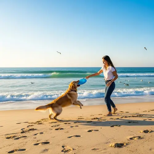 Hispanic Girl Playing with Golden Retriever on Sunny Beach