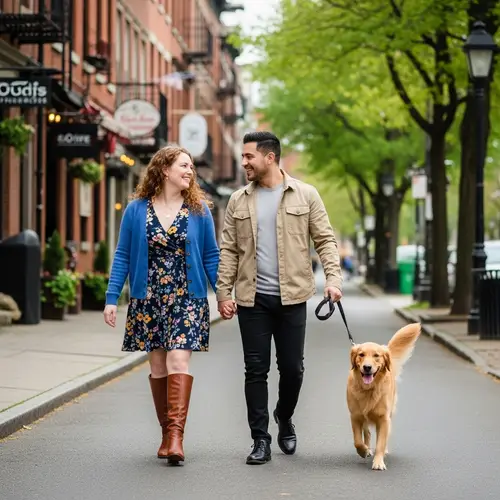 Couple Walking Dog in Charming City Street