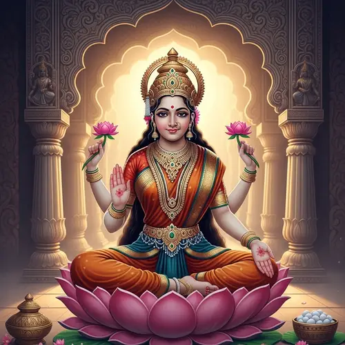 Majestic Goddess Lakshmi: Serene Lotus Seated Depiction